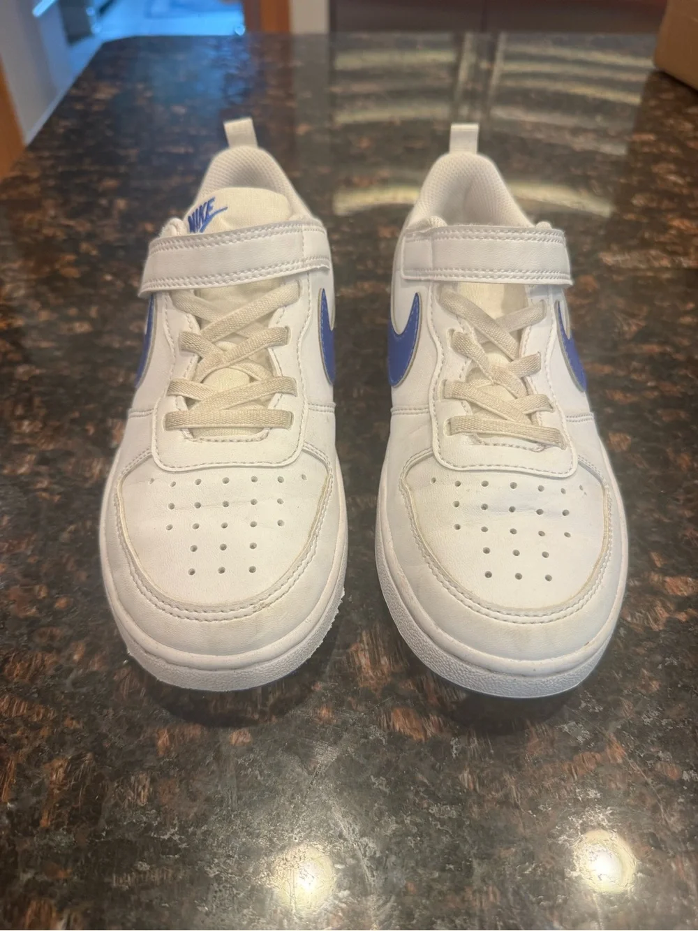Nike Court Borough Low Recraft Kids White Sneakers with Blue Swoosh and Strap